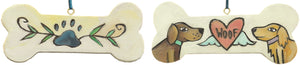 Cute "woof" dog bone ornament with paw print, heart, and two dogs