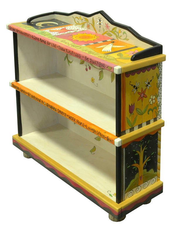 Fun crazy quilt bookcase design featuring polka-dots and floral vine accents