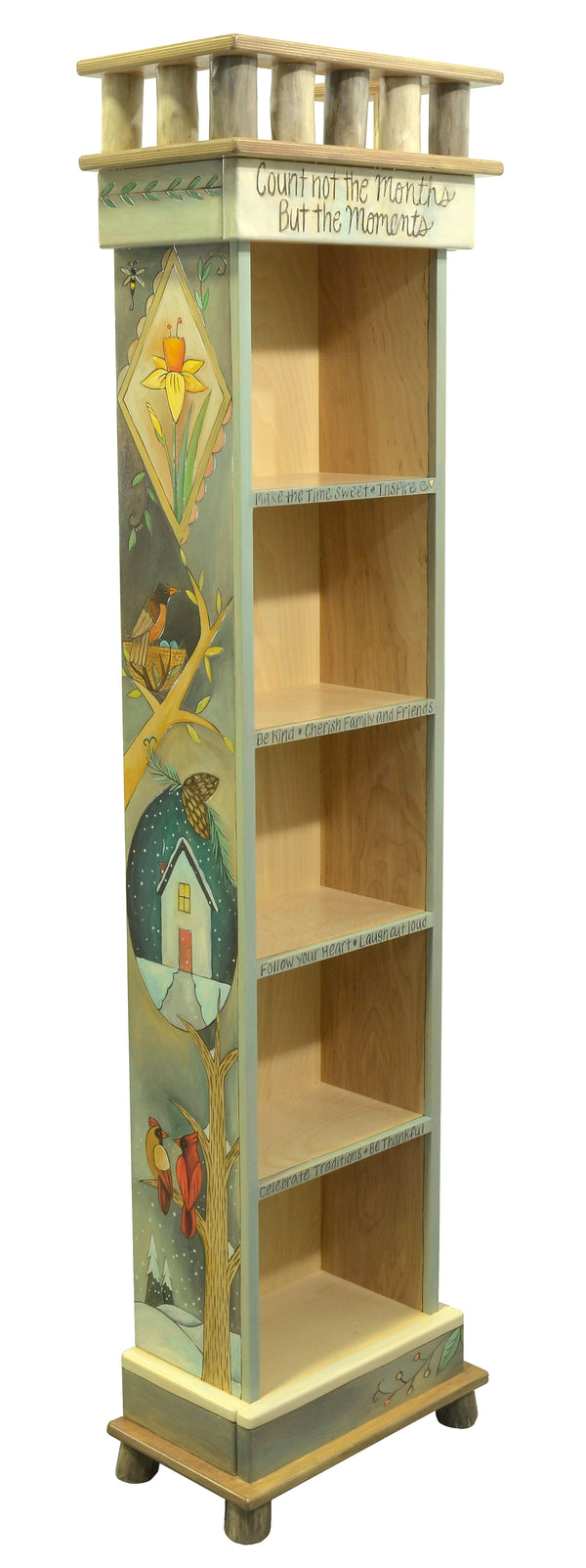 Gorgeous four seasons medallion motif bookcase with various birds throughout