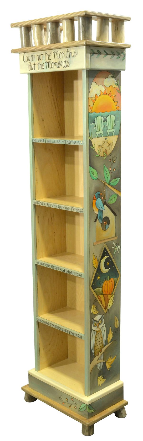 Gorgeous four seasons medallion motif bookcase with various birds throughout