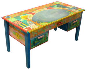Large Desk –  Beautiful vibrant patchwork and tree of life desk motif with soaring birds over the writing area main view