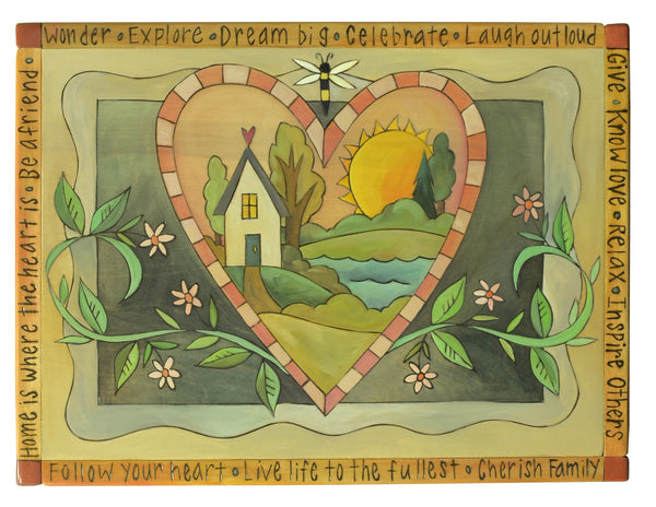 Rectangular End Table –  Landscape scene within a pink checked heart and accenting floral vines top view