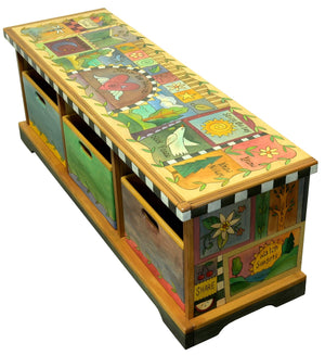 Storage Bench with Boxes –  Crazy quilt bench motif with a central heart with wings icon reminding you to "follow your heart" main view