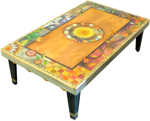 Rectangular Coffee Table –  Gorgeous four seasons themed tabletop design with sun in its center and mixed vines, landscape scenes, and patchwork motifs main view