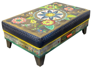 Ottoman with Drawer –  Beautiful contemporary floral ottoman motif with large blue center medallion main view