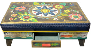 Ottoman with Drawer –  Beautiful contemporary floral ottoman motif with large blue center medallion front view with drawer open