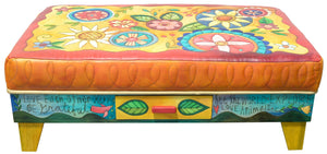 Ottoman with Drawer – Bright and beautiful floral ottoman with inspirational phrases along its wooden sides back view