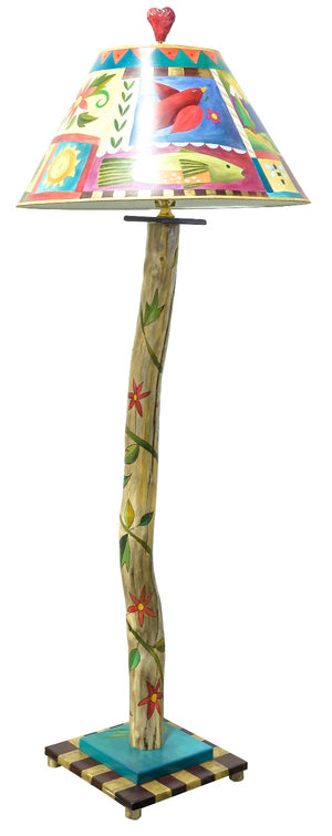 Log Floor Lamp – Beautiful hand painted floor lamp with vine motifs and colorful block icons back view