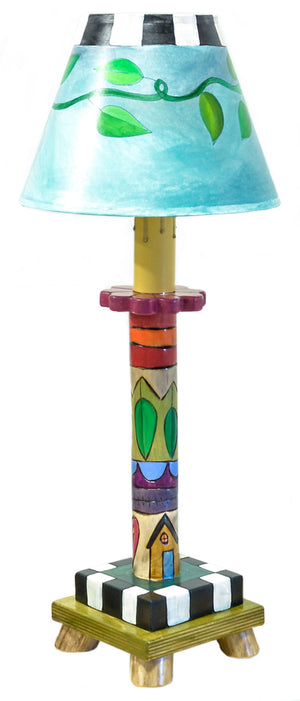 Log Candlestick Lamp – Cute and colorful lamp with a vine wrapped shade and crazy quilt base back view