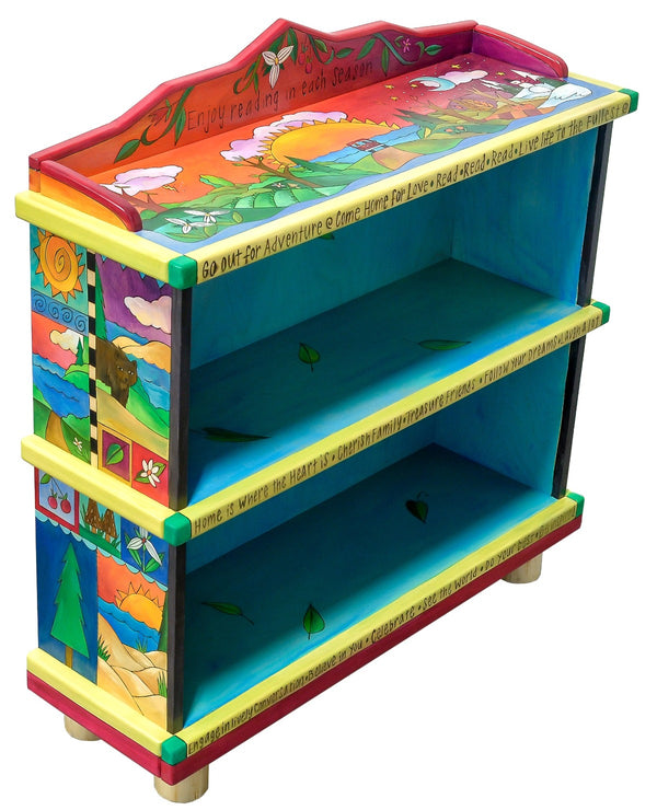 Short Bookcase – "Enjoy Reading in Each Season" bookcase with sun setting over the horizon of the changing four seasons motif main view