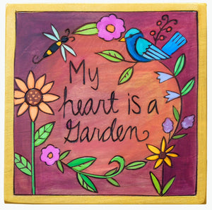 7"x7" Plaque – Cute "my heart is a garden" plaque with a bird and bee accents