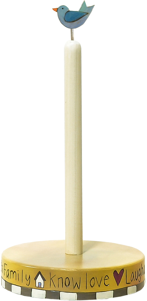 Paper Towel Holder –  "Know love" yellow paper towel holder with checkered bottom border back view