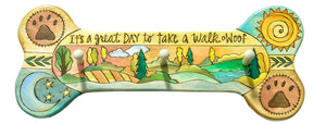 Dog Leash Rack – "It's a great day to take a walk" bone shaped dog leash rack painted in soft yellows and blues