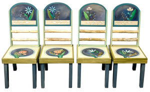 Sticks Chair Set – Beautiful blue and whitewash floral and botanical designed chairs with inspirational words on each back front view