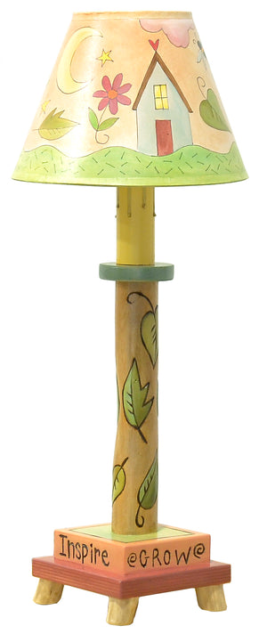 Log Candlestick Lamp – Sweet pink and yellow lamp with falling leaves and a warm landscape scene