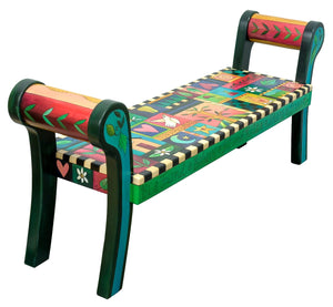 Rolled Arm Bench – Fun and vibrant rolled arm bench with a crazy quilt seat motif and black and white checks all around main view