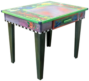 Small Desk – Bright green and purple tree of life and swooping blue bird desk design desk side view