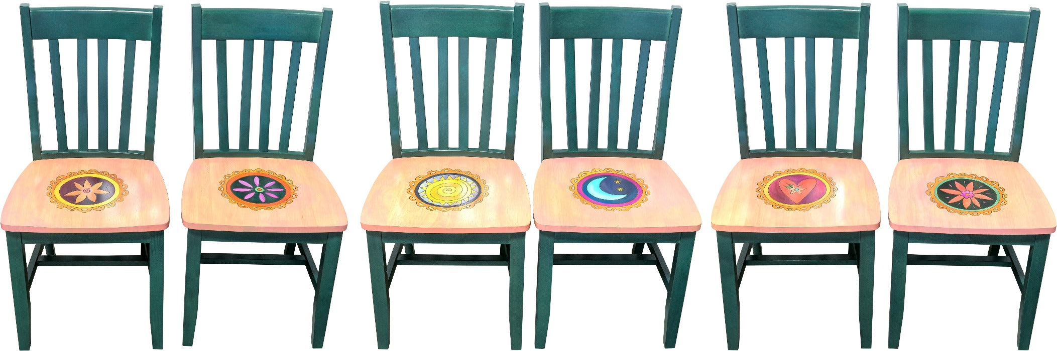 Rectangular Dining Table – Bold, bright, and beautiful design inspired by papel picado Mexican folk art with elaborate scallops, block letter phrases, and Sticks icons set of six chairs