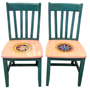 Pops Chair Set – Teal chairs with birch wood seats adorned with coordinating medallion icons two flower chairs