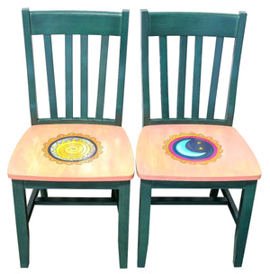Pops Chair Set – Teal chairs with birch wood seats adorned with coordinating medallion icons sun and moon chairs