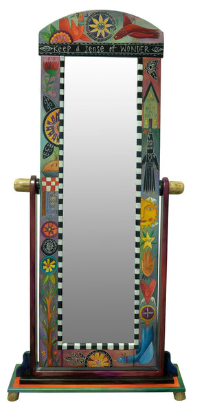 Wardrobe Mirror on Stand – "Keep a sense of wonder" mirror with beautiful scratchboard accents mixed into the stacked icon design