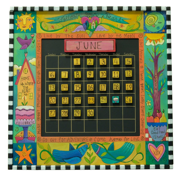 Large Perpetual Calendar – "Follow your heart" banner calendar design theme painted in blues and yellows with a black and white checked border