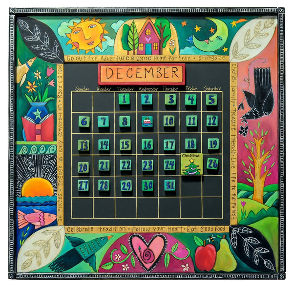 Large Perpetual Calendar – Eclectic calendar motif with scratchboard and whitewash accents that jump off the colorful design