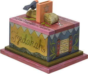 Tzedakah Box – "Tzedakah" box with symbolic imagery painted in a classic color palette back view