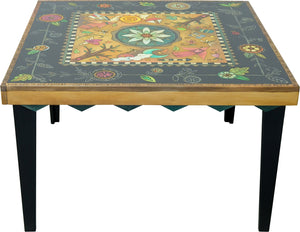 48" Square Dining Table – Beautiful mashup of a contemporary floral vine and floating icon center designs accented with scratchboard front view