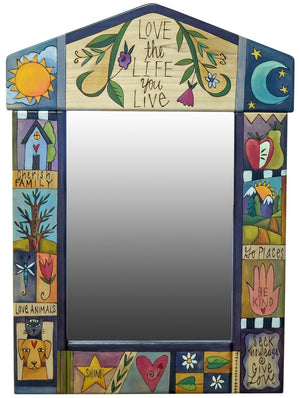 Medium Mirror – Elegantly painted "love the life you live" medium mirror with crazy quilt patches