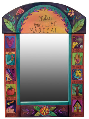 Medium Mirror – Inspirational "make your life magical" mirror with boxed icons down the sites painted in a retro palette
