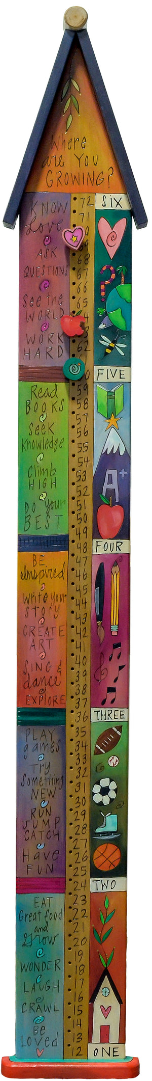 Growth Chart with Pegs – "Where are you growing?" growth chart with inspirational phrases on one side and fun imagery down the other