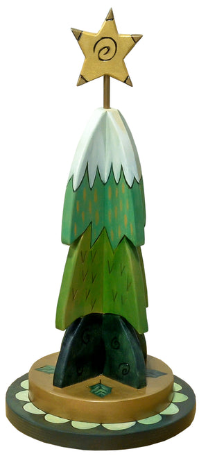 Small Christmas Tree Sculpture –  Sweet little green layered tree with a snowcapped top and leaves on its base front view