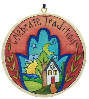 "Happy Hamsa" Circle Ornament – "Celebrate tradition" with a home inside a Hamsa hand cutout front view