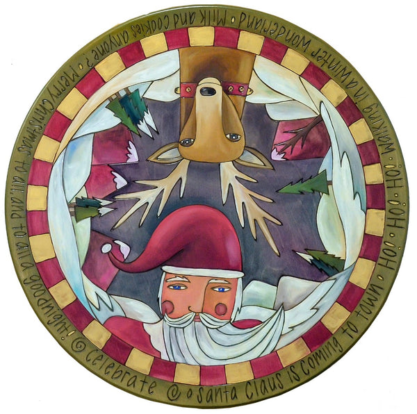 20" Lazy Susan – Santa and a reindeer popping out of a winter landscape in a classic paint palette