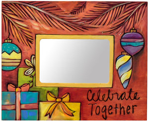 4"x6" Picture Frame – Red "celebrate together" picture frame with presents sitting underneath decorated branches