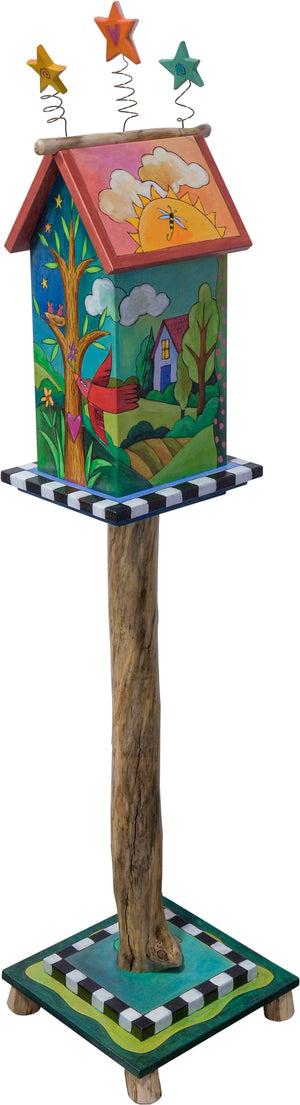 Birdhouse Post Sculpture – "Go out for adventure, come home for love" birdhouse with a bright and sunny landscape design wrapping around and dodad stars on top back view