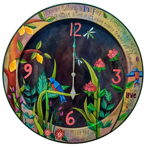 36" Round Wall Clock –  Explore Nature wall clock with bird and plant motif