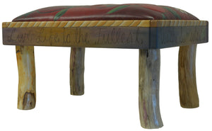 Ottoman – Lovely red "live life to the fullest" ottoman with a floral vine and rope border edge plus natural log legs that tie the whole look together back view