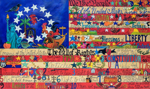 "Stars & Stripes" Flag Plaque – Classic Betsy Ross flag with a Sticks twist, Constitution preamble and Bill of Rights fill the birch and red stripes
