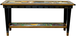 5ft Sofa Table – Handsome dog themed sofa table with a leash framing various dogs on top and a landscape of romping dogs on the lower shelf back view