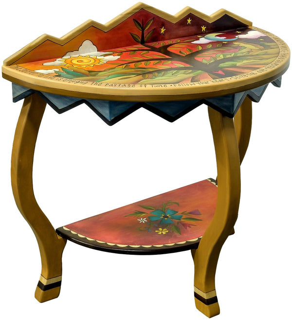 Half round table featuring a simple fall scene with depiction of the tree of life.