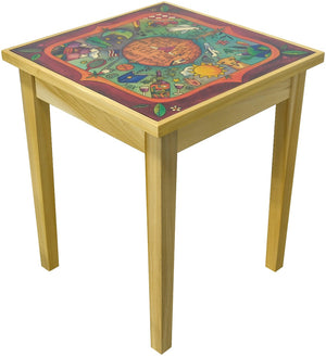"Treasure Tokens" Glass End Table – Beautiful end table glass top featuring warm colors with inspirational quotes surrounded by floating icons. Side view