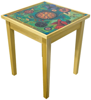 "I Can See Clearly Now" Glass End Table – Elegant end table glass top featuring cool colors with flowers and birds surrounded by inspirational quotes. Side view