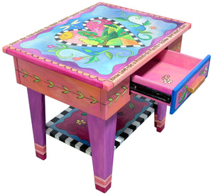 Nightstand with Open Shelf – Sweet pink and blue heart tabletop design that would fit perfectly in a kiddo's room. Open Drawer