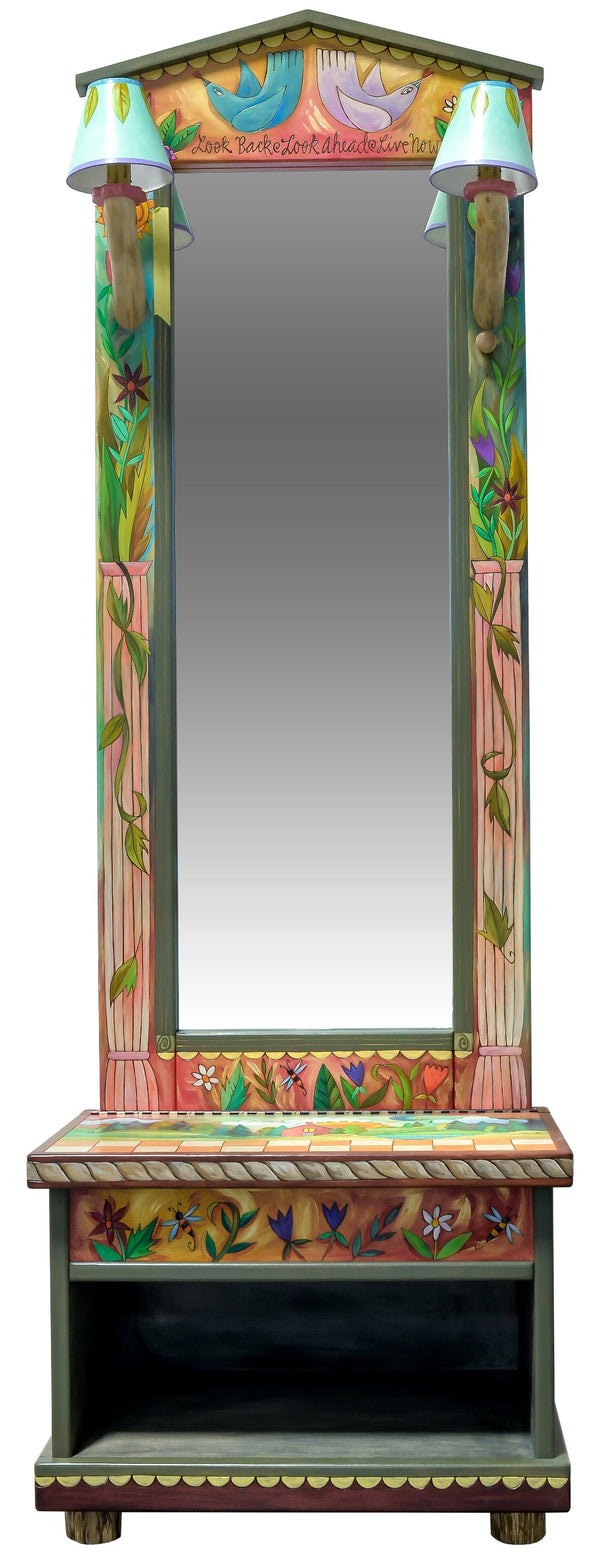 Hall Tree with Lights –  Flowery painted hall tree with mirror, lights and a storage bench featuring floral motifs, birds, and bees theme front