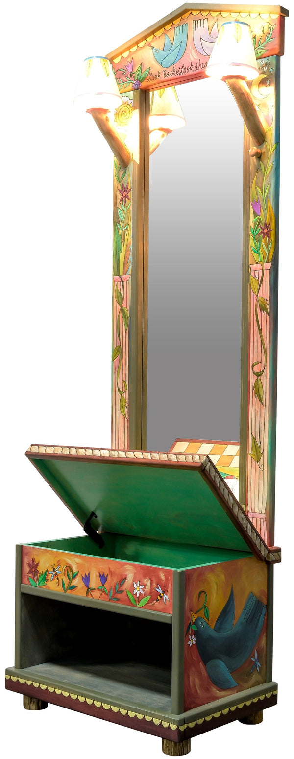 Hall Tree with Lights –  Flowery painted hall tree with mirror, lights and a storage bench featuring floral motifs, birds, and bees theme, lights on