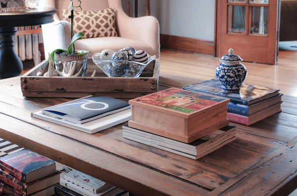 "Grateful Isaac" Keepsake Box – This cheerful design mixes together inspiring words and imagery displayed on a coffee table