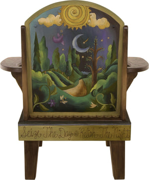 Friedrich's Chair and Matching Ottoman –  "Seize the Day/Relish the Night" Friedrich's chair with ottoman with sun and moon over the rolling hills motif
