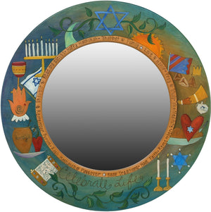 Large Circle Mirror –  "Celebrate Life" Judaica mirror with symbolic elements